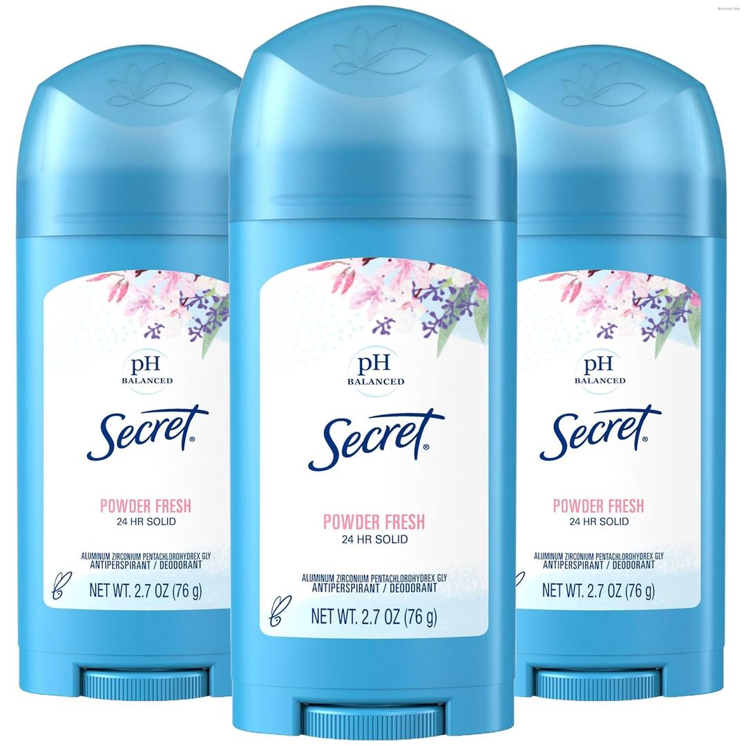 Secret Antiperspirant and Deodorant for Women, 24hr Sweat & Odor Protection, PH Balanced Protection, Gentle on Skin, Wide Solid, Powder Fresh Scent, 2.7 oz (Pack of 3)