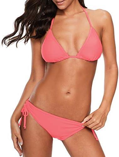 American Trends Women's String Two Piece Halter Top Triangle Bikini Set with Tie Side Bottom Sexy Swimsuit Bathing Suits, Small