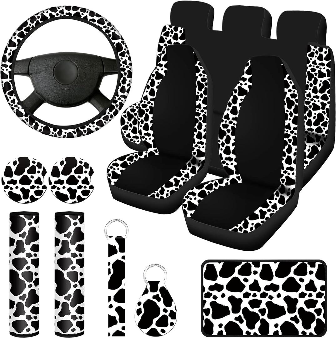 Frienda 13 Pcs Mixed Cow Print Car Seat Cover Full Set for Women Men Print Car Accessories Rubber Steering Wheel Armrest Pad Cover Seat Belt Pads Wrist Holder Keychain, White and Black (Classic Style)
