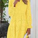 PRETTYGARDEN Women's Spring 2025 Long Puff Sleeve Mini Dress Hollow Out Lace V Neck A Line Ruffle Casual Party Dresses (Yellow, S)