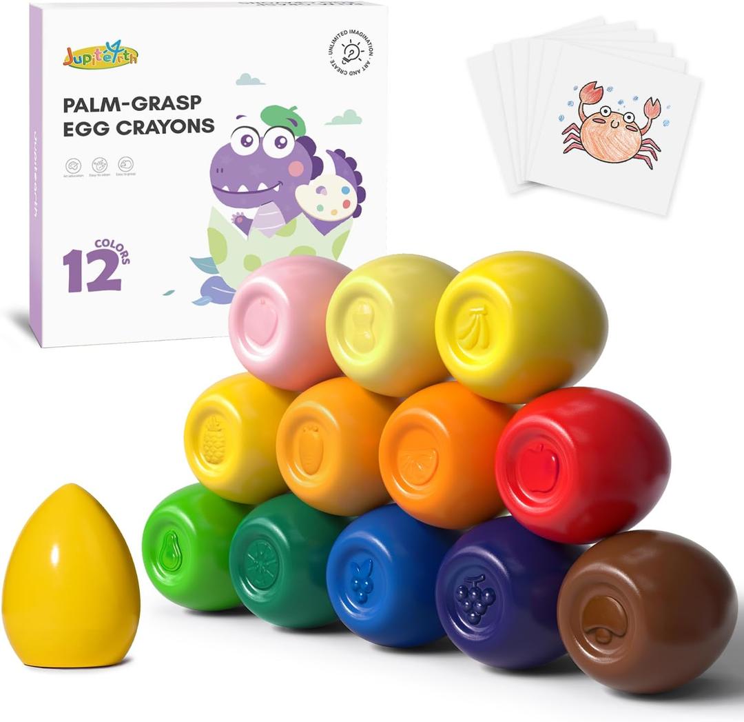 JUPITEARTH 12 Colors Egg Crayons for Toddlers 1-3, Palm-Grasp Non Toxic Jumbo Washable Crayons for Kids, Fat Brain Toys for Preschool Art Supplies and Perfect Easter Gifts for Boys and Girls