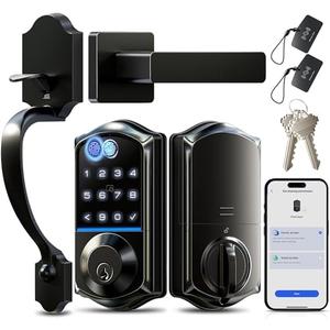 Veise VE017-H Fingerprint Smart Front Door Lock Set, App Control, 8-in-1 Keyless Entry Deadbolt with Zinc Alloy Handles, Emergency Power Port, Touchscreen Keypad, Auto Lock, Easy Install, Matte Black