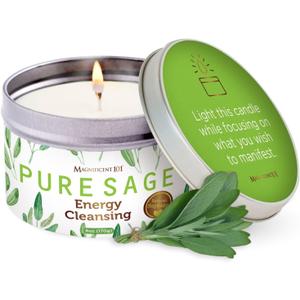 Magnificent 101 Long Lasting Pure White Sage Candle - 6 Oz - 35 Hour Burn Time - Organic, All Natural, Soy Candle to Cleanse Your Home & Calm, Soothe, Use with Sage Smudge Kit - Spiritual (Medium)