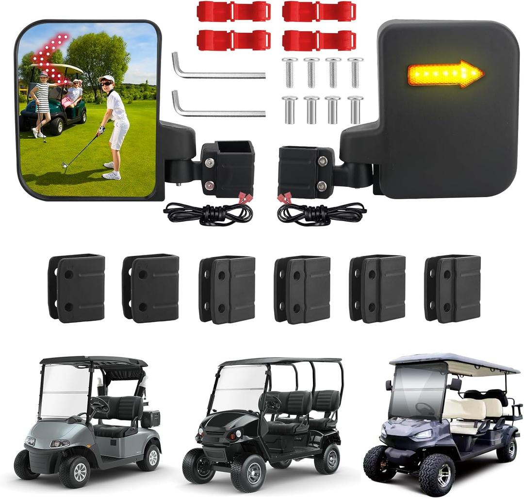 Golf Cart Side View Mirrors, Golf Cart Mirrors with Turn Signal Light, No Drilling Foldable Golf Cart Side Mirrors Compatible with Ezgo Yamaha ICON Club Car (3 Size Clips)