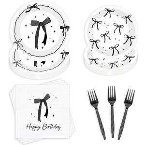 96 Pcs Black Bow Birthday Decorations, Elegant Black and White Plates Napkins Forks for 24 Guests, Minimalist Bow Tableware Set Party Supplies for Women Girls