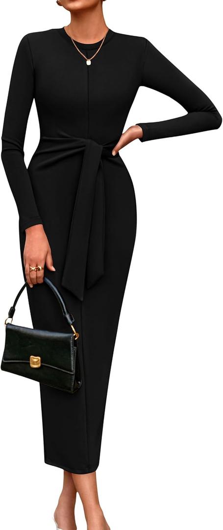 PRETTYGARDEN Women's 2025 Wedding Guest Midi Dresses Semi Formal Long Sleeve Bodycon Tie Waist Cocktail Fall Fashion Clothes (Black,Large)