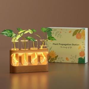 Plant Propagation Station with Wooden Stand, Gardening Gifts for Mom Women Plant Lovers, 9-Level Dimmable LED Light 4 Glass Test Tubes Vases for Hydroponic Plants - Desktop Terrarium for Home Decor