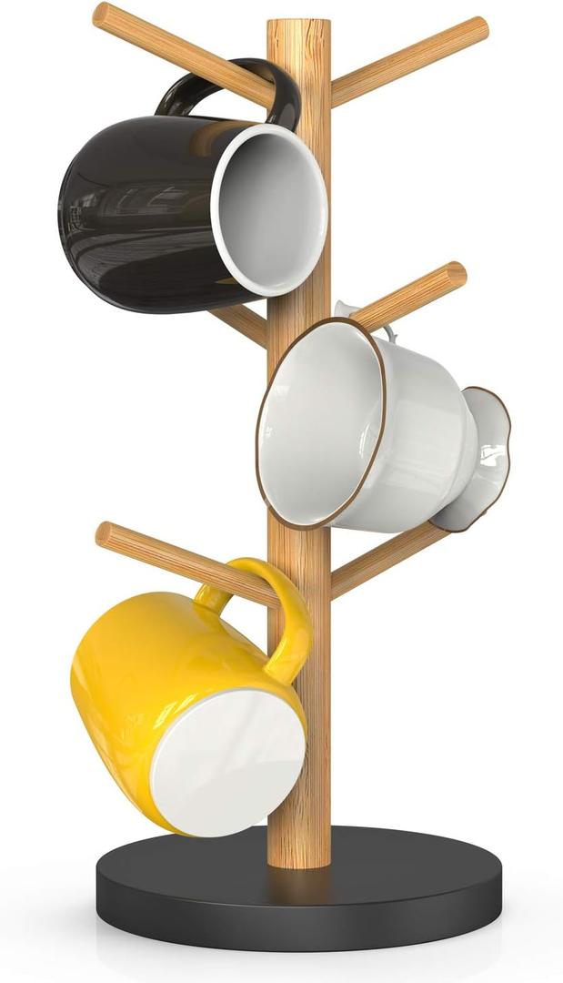Wisuce Bamboo Coffee Mug Holder Tree, Thicker Base Coffee Cup Holder Stand for Counter, Mug Rack with 6 Hooks, Black Base