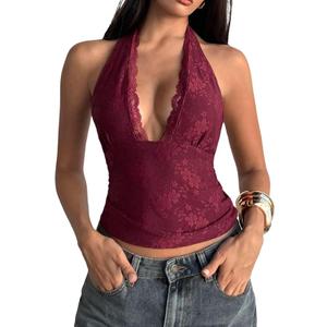 Milumia Women's Floral Lace Deep V Neck Halter Top Sexy Tie Backless Going Out Tank Tops, Small