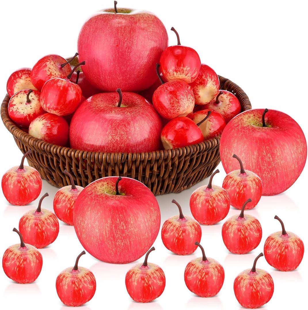 30 Pcs Fake Apples with Woven Basket Fall Artificial Red Apples for Autumn Harvest Decoration, Photography Props, Kitchen Table Centerpiece, Wreath DIY Crafts(2 Sizes)