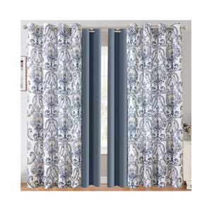 H.VERSAILTEX Thermal Insulated Grommet Blackout Curtains (Stone Blue, 2 Panels, 52 x 84 - Inch) Bundle Damask Floral Natural Linen Blended Curtains (Navy, 2 Panels, 52 x 84 - Inch)