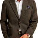 PJ PAUL JONES Mens Blazer Vintage Herringbone Tweed Blazer Two Button Wool Blend Sport Coat with Pocket Square (X-Large, Brown)