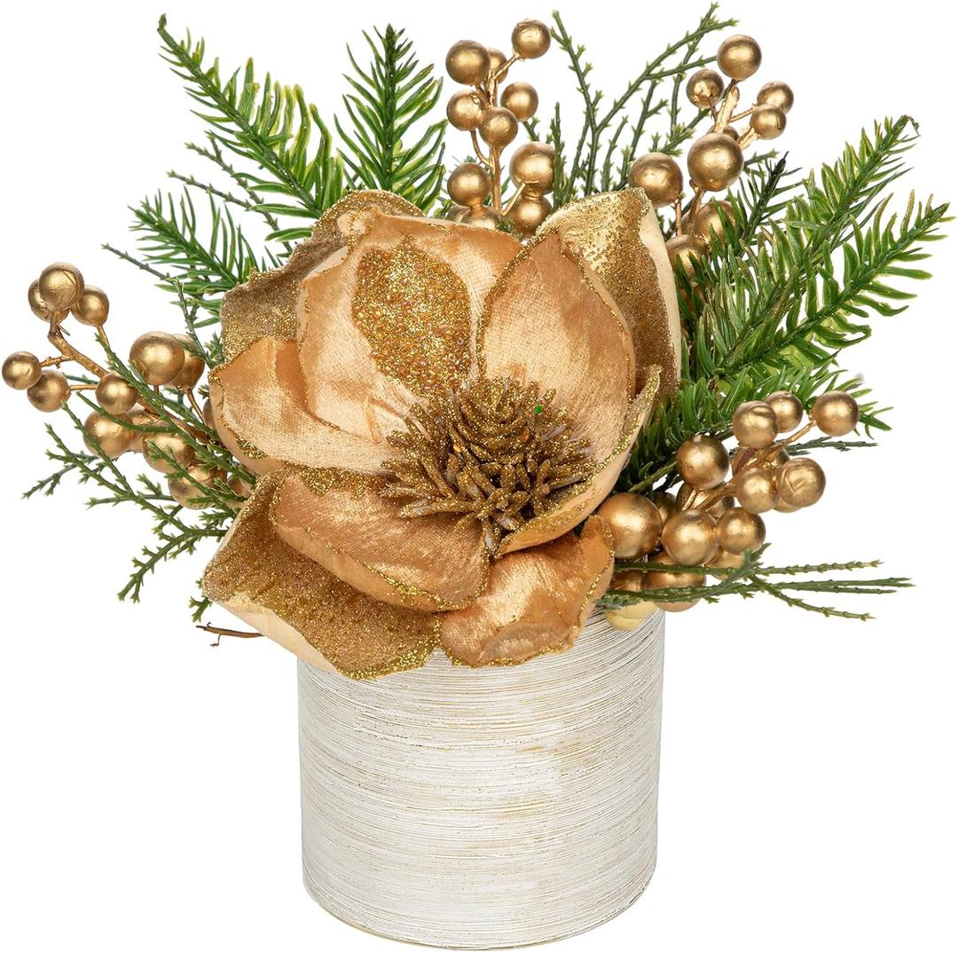 DILATATA 10 inch Gold Christmas Table Centerpiece 5" Glitter Magnolia Flower Berries Fir Greenery Artificial Christmas Floral Centerpiece in Silver Ceramic Pot Christmas Tabletop Arrangement Decor