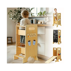 Toddler Tower 4 in 1 Toddler Kitchen Stool Helper Adjustable Standing Tower for Kitchen Counter with Safety Board, Slide, Chalkboard, Montessori Activities