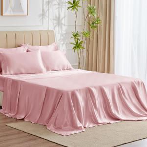CozyLux Satin Sheets Full Size - 6 Piece Pink Bed Sheet Set with Silky Microfiber, 1 Deep Pocket Fitted Sheet, 1 Flat Sheet, and 4 Pillowcases - Smooth and Soft