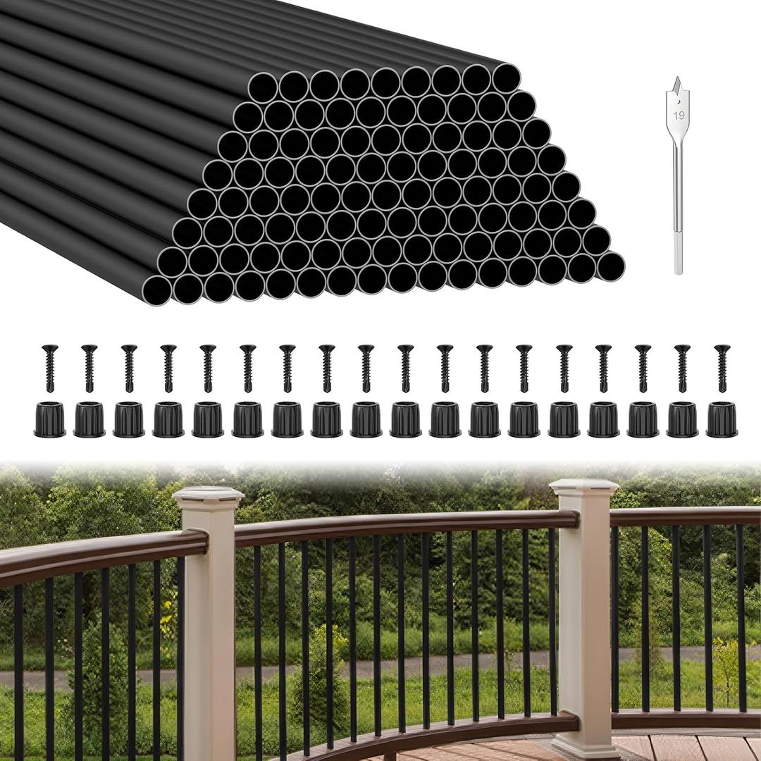 BLIKA 100 Pack 36" Aluminum Deck Balusters with Connectors/Screws, 3/4" OD Hollow Round Aluminum Balusters for Deck Railing, Black Metal Deck Balusters Staircase Spindles