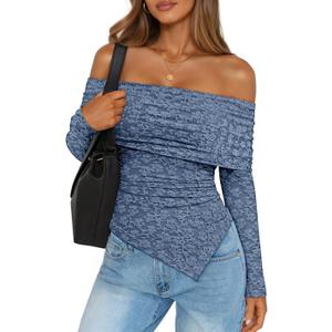 ZESICA Women's Fall Floral Off Shoulder Tops 2025 Mesh Long Sleeve Shirts Asymmetrical Ruched Tee Blouses Trendy Outfits (Blue, XL)