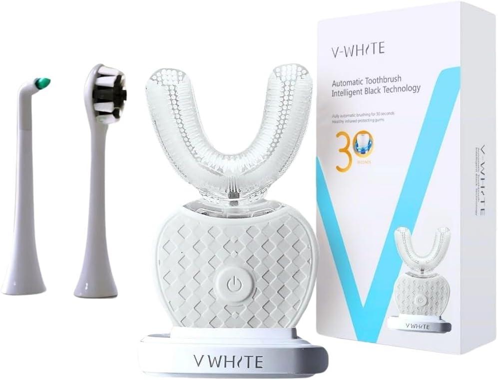 V-WHITE Adults Auto Brush Ultrasonic U-Shaped Toothbrush 360 Teeth Cleaning, Hands-Free Electric Autobrush Gum Protection, Waterproof IPX7, Wireless Charging