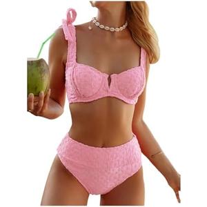 SOLY HUX Women's High Waisted Bathing Suit Tie Shoulder Underwire Summer Swimsuit Bikini Set, Pink, L
