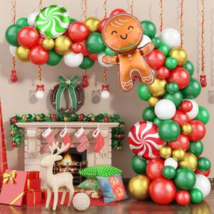 Green Red Christmas Balloon Garland Arch Kit, Christmas Garland Balloon Arch Kit with Gold Balloon Candy Cane Gingerbread Man Foil Balloon for Christmas Party Decorations New Year Party Supplies