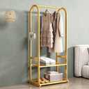 Gold Clothing Rack, Metal Garment Rack with Bottom Storage Shelves and 6 Side Hooks, modern Sturdy clothes racks for hanging clothes, Freestanding Wardrobe Rack for Bedroom or Boutique Size:  L: 31.5 inches