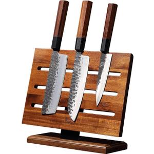MITSUMOTO SAKARI Japanese Magnetic Knife Block, Japanese Acacia Wood Knives Holder Stand, Enhanced Double-Sided Magnetic Wooden Knife Storage for Kitchen Counter