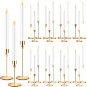 FillTouch 30 Pcs Gold Candlestick Holders with Flameless LED Candles Bulk Includes 15 Metal Candle Holders and 15 Battery Operated Taper Candles for Wedding Valentines Table Centerpieces Home Decor