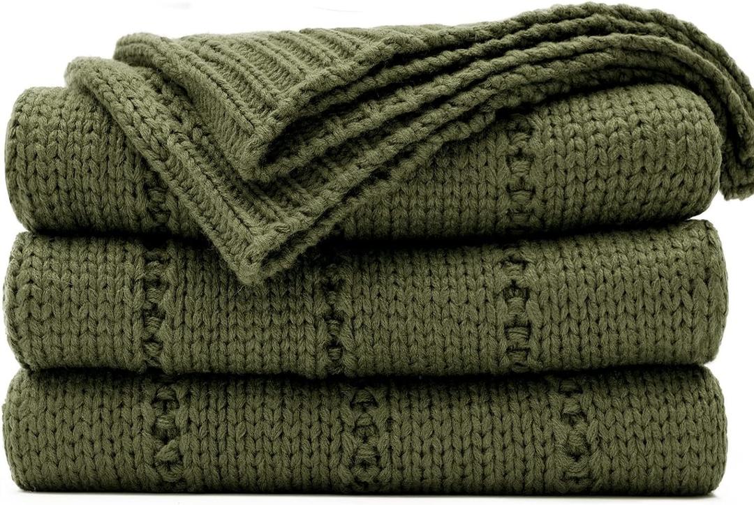 RECYCO Cable Knit Moss Green Throw Blanket Twin Size for Couch, Super Soft Warm Cozy Decorative Knitted Throw Blanket 3.6LB for Bed, Sofa, Chair Large 60"x80"