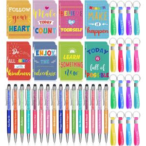 PerKoop 48 Pcs Inspirational Gifts Bulk VBS Notepads 3 x 5 Inch Motivational Ballpoint Pens Keychains Bulk Cute Colorful Journal Notebooks for Office Party Favor Supplies