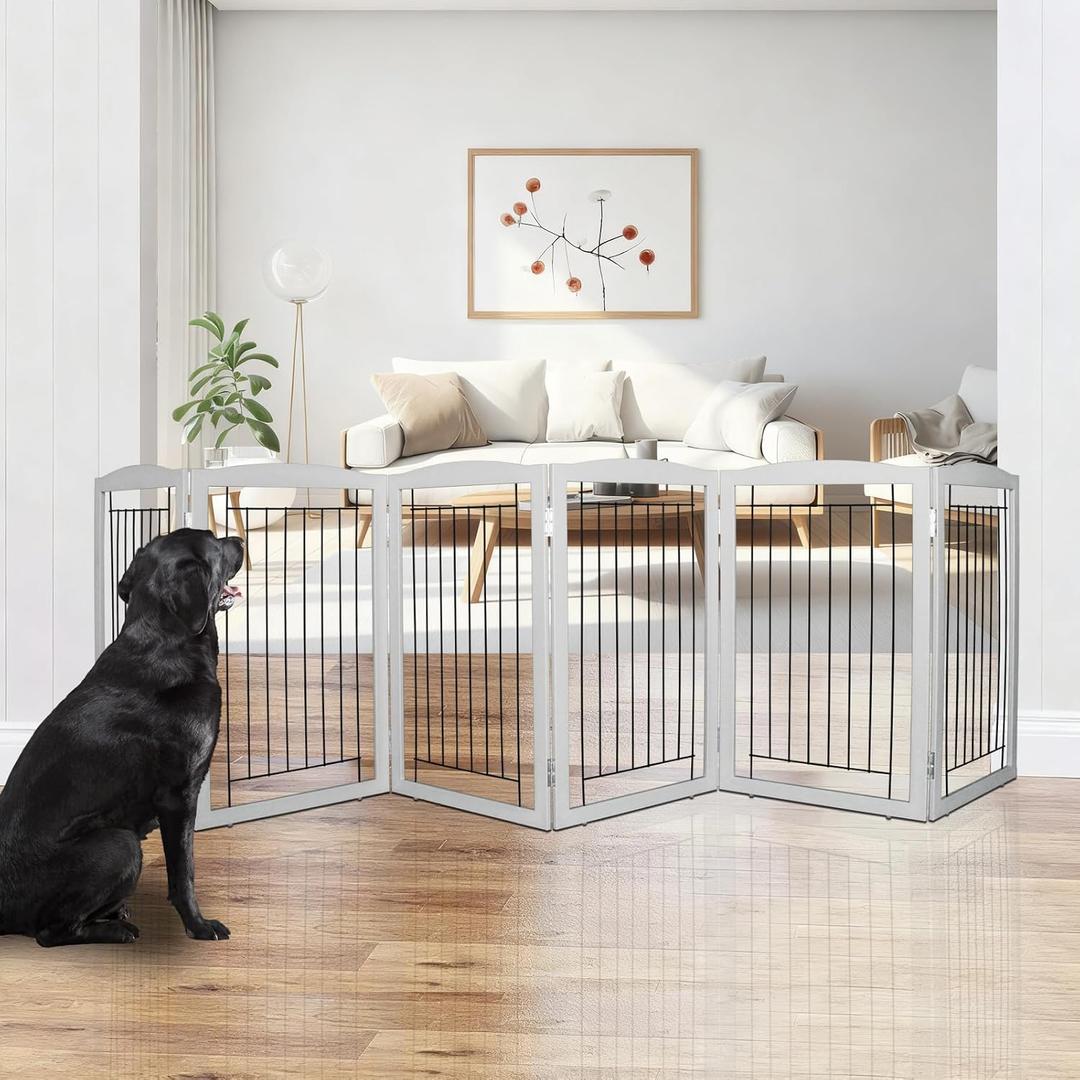ZJSF Freestanding Foldable Dog Gate for House Extra Wide Wooden Grey Puppy Gate Stairs Dog Gates Doorways Tall Pet Gate 6 Panels Pet Fence