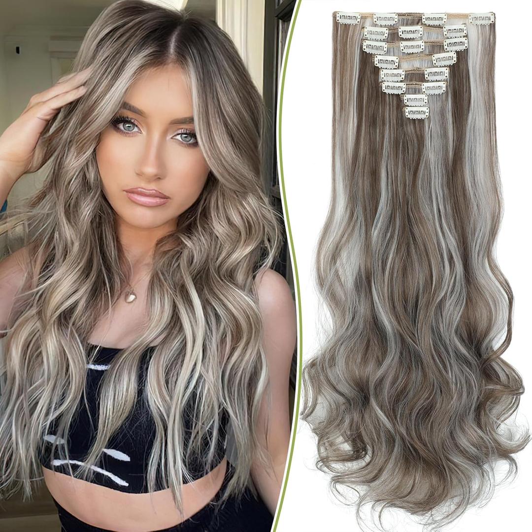 Clip in Hair Extensions, 8PCS 24 Inch Clip in Long Wavy Synthetic Hair Extensions Ash Blonde mix Light Gray Fiber Double Weft Natural Hairpieces for Women