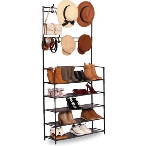 5-Tier Shoe Rack & 8-Hook Coat Stand  Black Metal Organizer for Bedroom, Entryway, or Living Room  Space-Saving Floor Rack, Easy Assembly