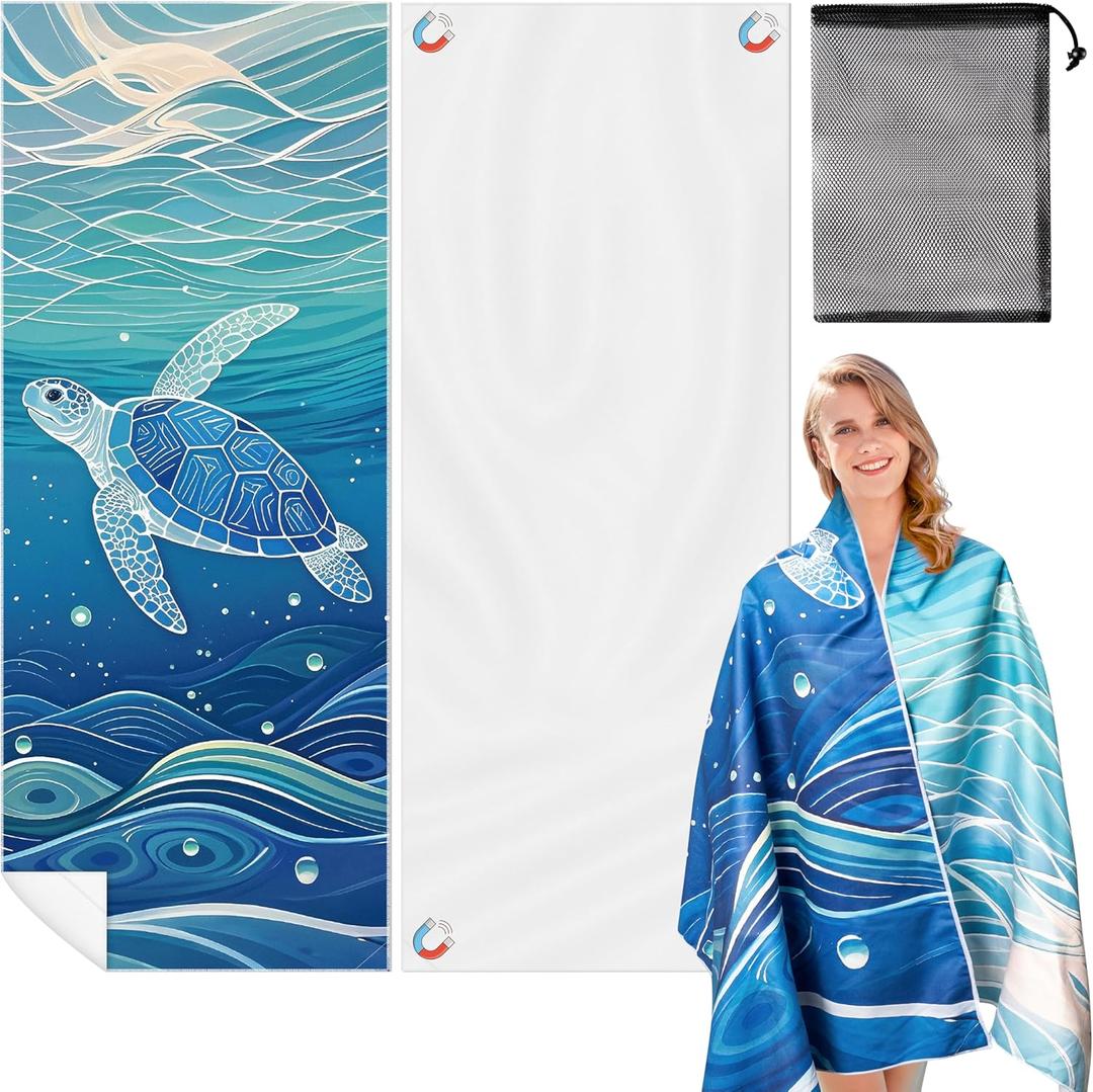 Sea Turtle Magnetic Beach Towel - 75"x30" Sand Free Quick Dry Microfiber Towel with Built-in Magnets Lightweight for Beach Chair Car Door Pool Travel Camping Yoga with Storage Bag