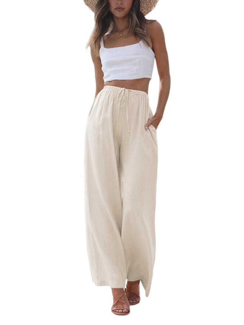 Faleave Women's Cotton Linen Summer Palazzo Pants Flowy Wide Leg Beach Trousers with Pockets Medium
