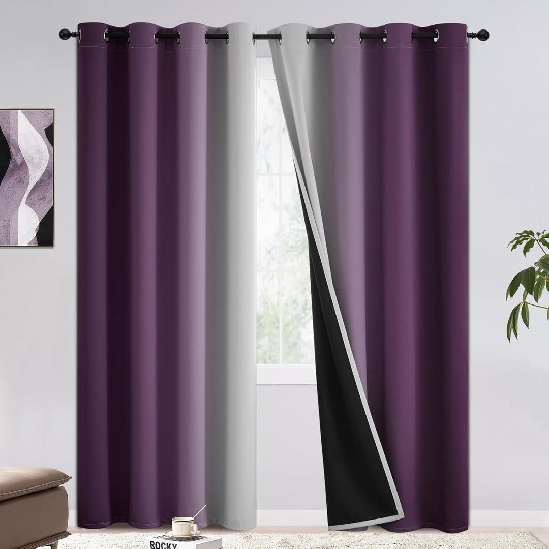 COSVIYA 100% Blackout Curtains & Drapes Ombre Purple Curtains 84 inches Long 2 Panels Set, Full Room Darkening Grommet Gradient Insulated Thermal Window Curtains for Bedroom/ Living Room, 52x84 inches