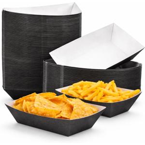 Yinkin 100 Pcs Paper Food Trays Boat 1 lb Disposable Nacho Trays Walking Taco Chip Bags Kraft Paper Boat for Weddings Picnics Carnival Birthday Party Concession Supplies(Black)