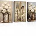 CXHOSTENT Farmhouse Kitchen Wall Art 3 Piece Rustic Flower Canvas Prints Country Tableware Pictures Wall Decor Vintage Kitchen Framed Artwork (16.00"x24.00"x3P)