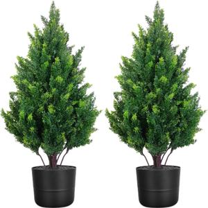 2.3FT Tall Artificial Cedar Topiary Trees Set of 2, Artificial UV Resistant Potted Plants, Faux Bushes Fake Shrubs for Outdoor Indoor Home Entryway Front Porch Garden Patio Offices Living Room Decor