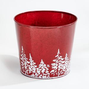 Worth Imports Red Galvanized Metal Christmas Planter Bucket with Tree Design, 10.5" Height, 12" Diameter, Set of 2