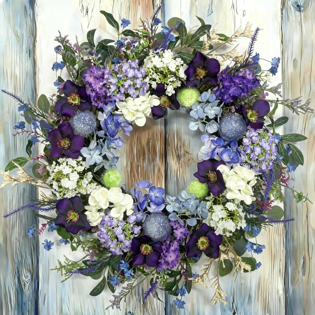 24-Inch Colorful Flower Wreath for Front Door Hydrangeas, Lavender Wreath, Spring Summer Artificial Wild Flower Greenery Leaves for All Seasons Farmhouse Home Wall Indoor Outdoor Window Decor
