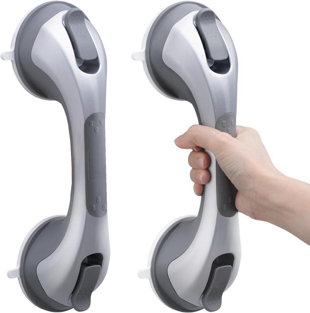 TAILI Shower Handles for Elderly Suction, 2 Pack 12 Inch Shower Grab Bars for Seniors, Grab Bars for Bathtubs and Showers, No Drilling Removable Safety Shower Grip, Silver