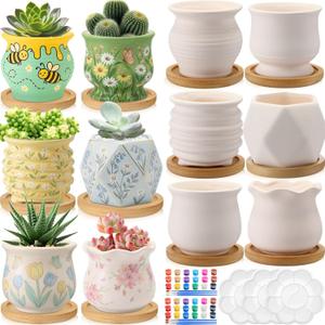 Leitee 15pcs Flower Pots 3 Inch Paint Your Own Ceramic Pot Craft Kit Ready-to-Paint Small Succulent Pots Bulk with Drainage Hole Paint Set Mini Paintable Plant Vase for Spring Birthday DIY Gift