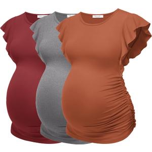Ekouaer Womens Maternity T Shirts 3 Packs Flying Short Sleeve Side Ruched Postpartum Top Mama Pregnancy Clothes Caramel/ Grey/ Wine Red XL
