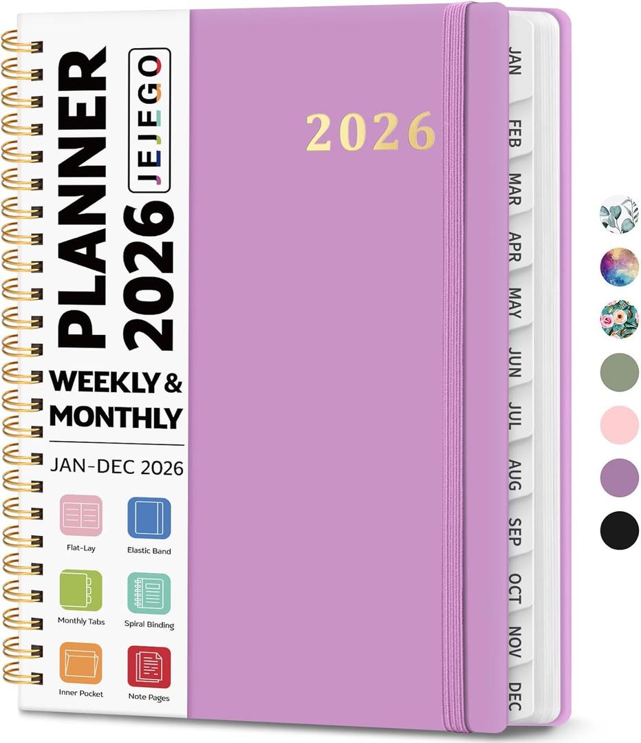 2 x 2026 Planner, Weekly and Monthly Calendar Planner Book, January 2026 - December 2026, Hardcover Spiral Planner with Monthly Tabs, Notes Pages, Perfect for Women & Men, A5 (6.4" x 8.5") - Purple
