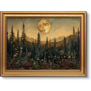 Gold Framed Vintage Wall Art for Room Decor Moon Forest Wall Dark Woodland Wildflower Canvas Prints Painting for Living Kitchen Bathroom Bedroom Desktop Artwork 12x16 Inch