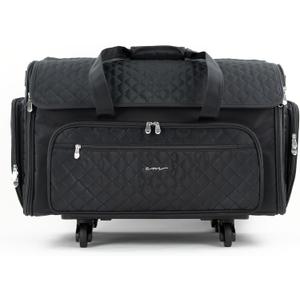 Everything Mary XXL Rolling Sewing Machine Case Black Quilted Craft Bag with 4 Wheels Spacious Storage Organizer with Pockets for Sewing & Craft Supplies