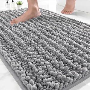 Yimobra Bathroom Rugs Non Slip Washable - Ultra Soft Absorbent Chenille Bath Mat, Quick Dry Shaggy Floor Carpet for Tub Shower, Gray Home Decor Accessories, 24x17 Inch