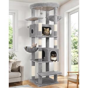 Globlazer Heavy Duty Cat Tree, 74in Sturdy Cat Tower for Large Cats Adult, Big Cat Tree with 7 Sisal Scratching Posts, 2 Padded Condos, 2 Dual-Ear Hanging Baskets, Enlarged Top Perch, S74, Light Grey