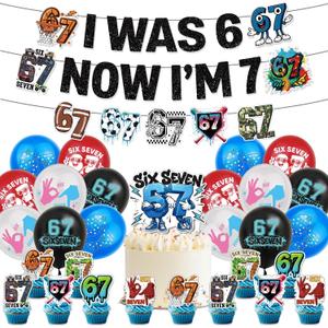 67 Birthday Decorations Set, Six Seven Meme Banner, Cake Topper, 12 Cupcake Toppers, 16 Balloons