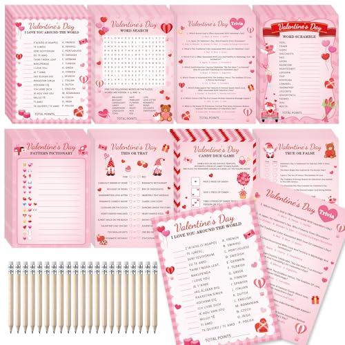 gisgfim 231Pcs Valentine’s Day Party Games Cards Valentines Trivia Word Search Scramble Maze Pictionary Games with Answer Key Sweet Party Supplies for Valentine Gifts Family Group Activities Favors